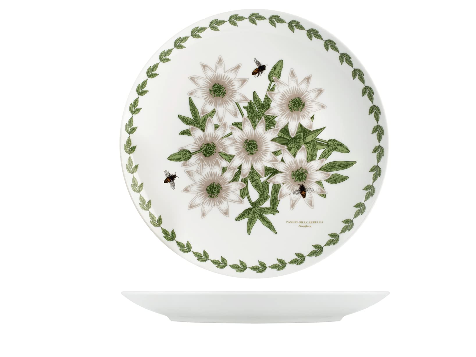 H&H Set di 6 Piatti Piani, Flowers, in Porcellana, 27 cm, Bordo Decorato in Verde con Illustrazioni Botaniche Assortite, Lavabili in Lavastoviglie e Adatti al Microonde