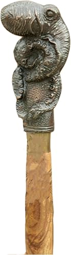 Bastón de madera marrón vintage hecho a mano con mango de cabeza de pulpo de latón envejecido, bastón plegable victoriano para personas mayores y