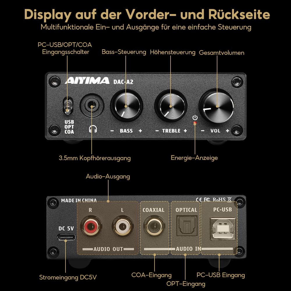 AIYIMA DAC A2 Kopfhörer-Verstärker DAC Konverter Mini Stereo Digital-zu-Analog DAC für PS5/PC/MAC Computer Desktop Game DAC Amp PC-USB/Coaxial/Optical zu 3.5mm AUX RCA Kopfhörer Ausgang 24Bits 192KHz