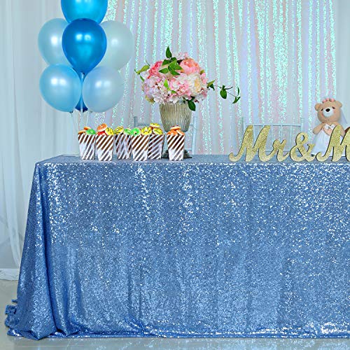 Image of B-COOL Baby Shower Table Cloth 90x132 Inch Sequin Tablecloth Glitter Overlays Baby Blue Sparkly Glam Wedding Decor Shimmer Mermaid Theme Party Decor