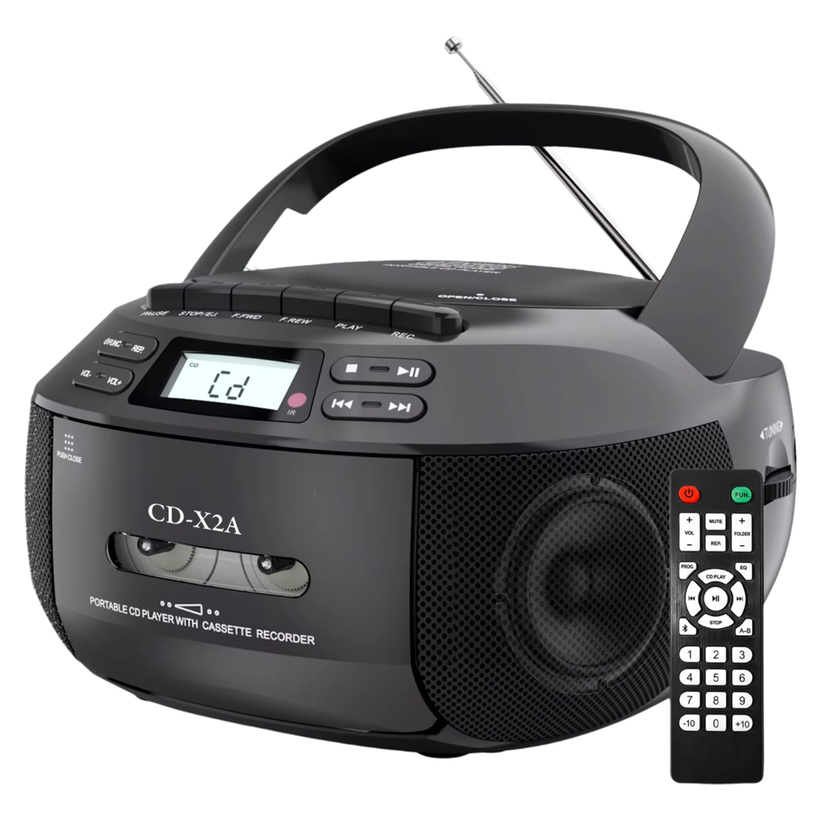 Portable CD Player with Cassette Player, Bluetooth, AM FM Radio, MP3, Remote Control, LED Display - Personal Music Player for Home & Family Use