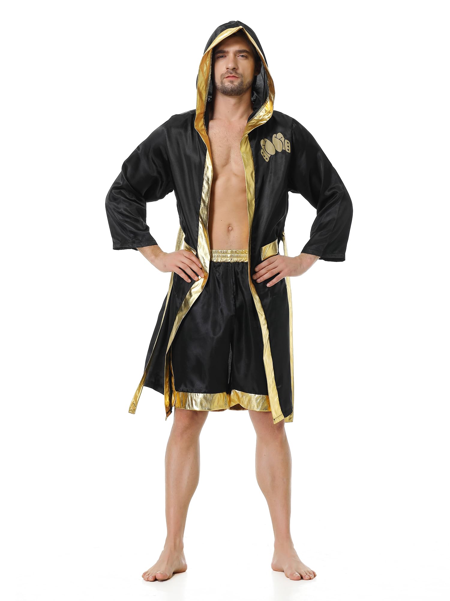 maxToonrain Boxer Fancy Dress,Adult Holloween Costumes Funny Stain Printing Hooded Boxing Costume Robe+Boxer Shorts Outfit(Gold,L) - Image 2