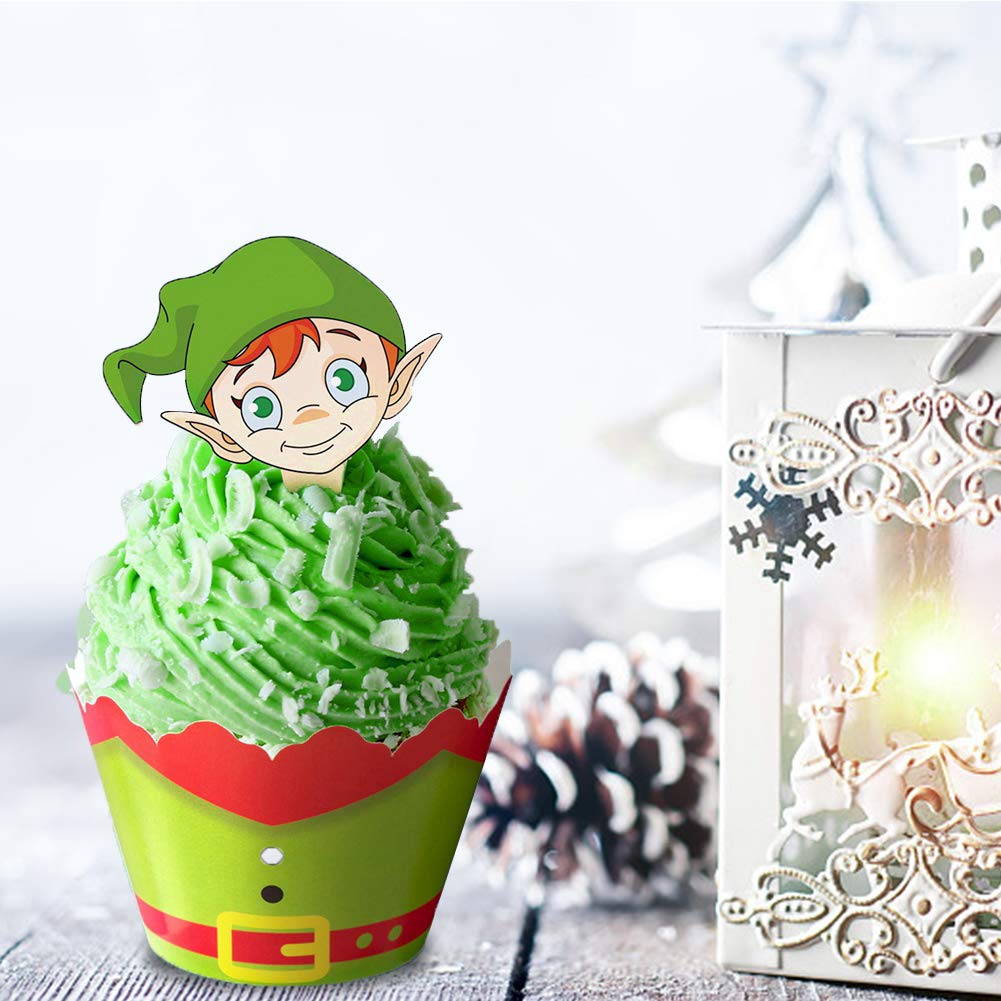 48 stuks kerstcupcake-toppers en wrappers, kerstfeestdecoraties, kerstman, sneeuwpop, rendier, kerstboom, handcake, kerstfeestdecoraties