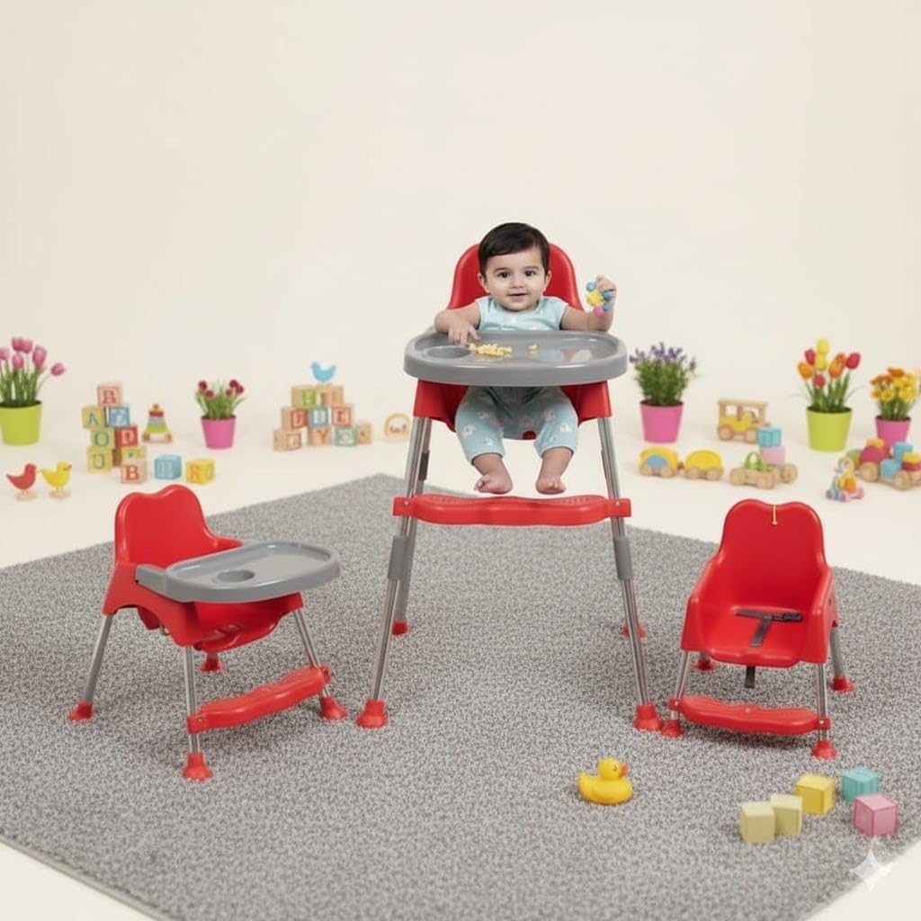 My Giraffe Bobo 3-in-1 Convertible Baby High Chair with Tray & Footrest | Easy-to-Clean Feeding Chair & Toddler Seat, Lightweight & Sturdy (RED, Up to 20kg)