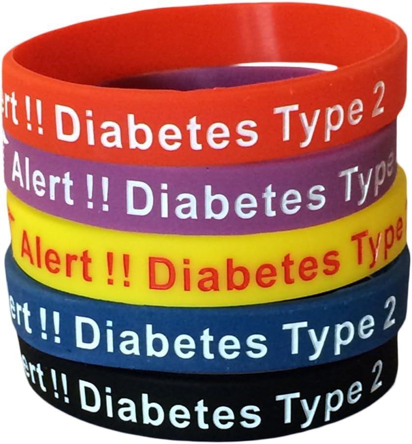 Type 2 Diabetes Bracelets Silicone Medical Alert Wristbands(Pack of 5) Blue, Yellow, Red, Black, Purple