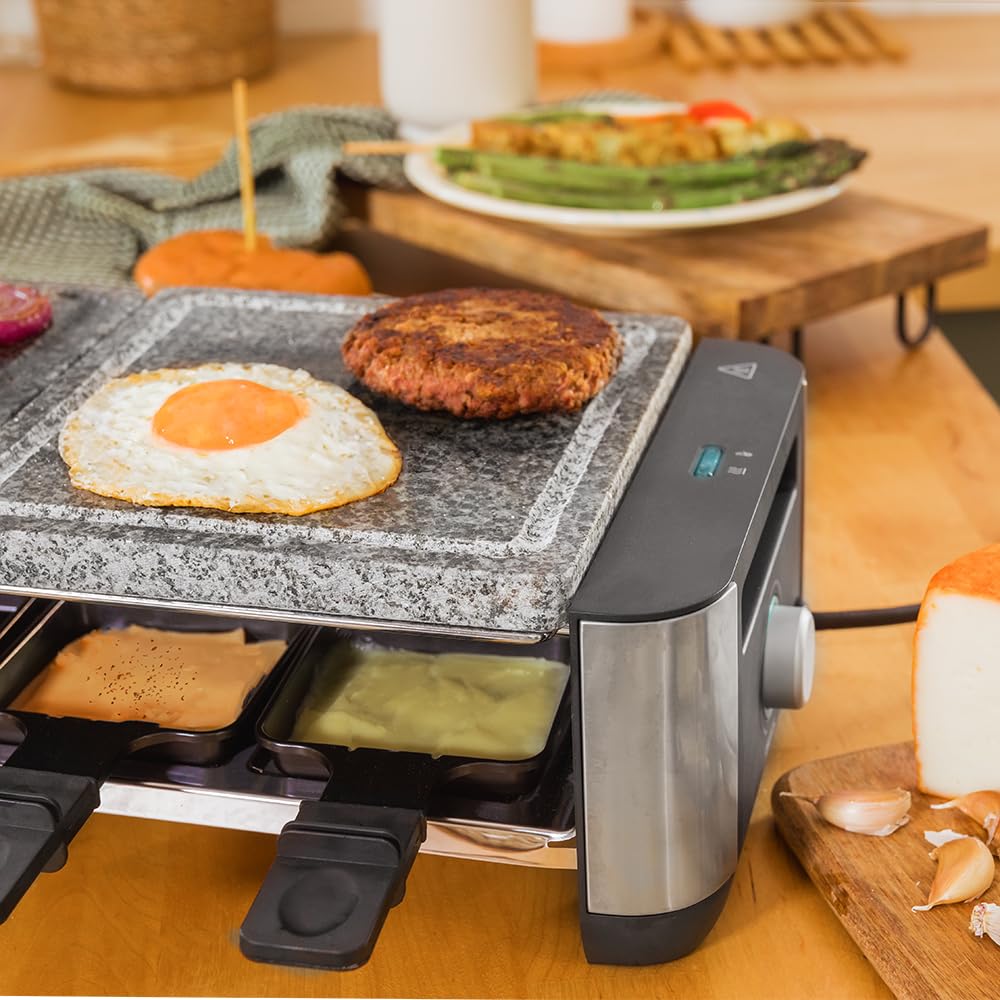 Cecotec Raclette Cheese&Grill 16000 Inox Allstone. 1400 W, 8 Persone, Piastra In Pietra Naturale Antiaderente, Superficie 40 X 22 Cm, 8 Pentole, Termostato Regolabile, Lavabile In Lavastoviglie