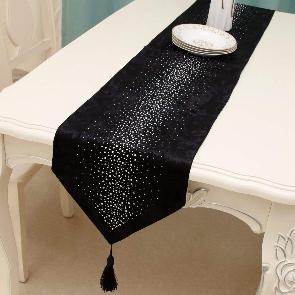 Runner Da Tavolino,Tovaglia Nera Di Lusso Con Strass In Velluto Europeo Nappa Squisita Elegante Stuoia Decorativa Scintillante Per Sala Da Pranzo Per Feste Di Matrimonio, 12,6 × 106,3 Pollici / 32