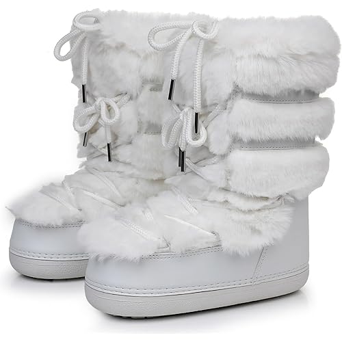 Furry Faux Fur Boots for Women - Fuzzy Boots for Women Winter Snow Boots - Fluffy Black White Pink Fur Boots- Lace-up Mid-Calf Water-Resistant Platform Boots