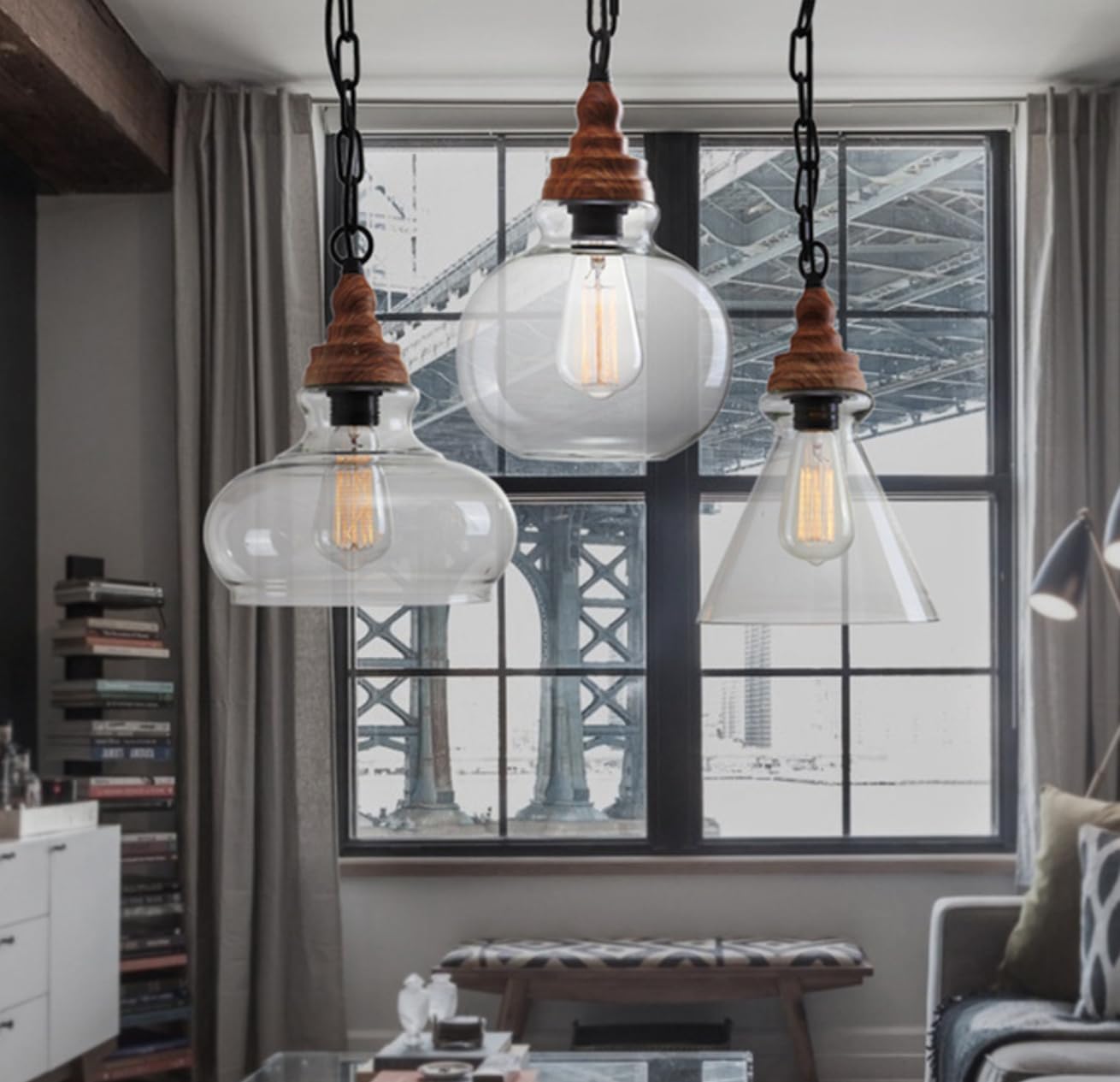 Farmhouse Clear Glass Pendant Light Rustic Wood Grain Hanging Lamp Kit Retro Glass Shade 1-Light Single Dome Pendant Light Coastal Glass Pendant Lighting for Kitchen Island, Black Chain