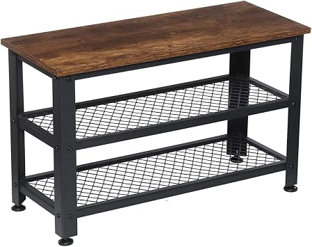 AKSG Shoe Bench, 3-Tier Industrial Shoe Rack Bench, Entryway Bench Shoe Organizer with 2 Mesh Shoe Storage Shelves, Wood Accent Furniture with Metal Frame Rustic Brown