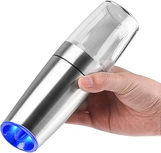 hxoity Molino De Sal Eléctrico por Gravedad Molinillo Automático De Sal Marina Aspereza Ajustable con Luz LED Azul Material De Acero Inoxidable Y Contenedor Transparente Funciona con Pilas