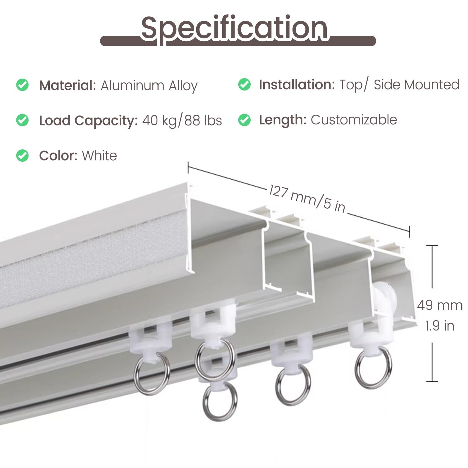 Rail de suspension for cloison de séparation, montage au plafond ou au mur, en alliage d'aluminium, blanc, 1,2 m, 1,6 m, 3,5 m, 7,6 m, 12,2 ...(Double Track,39ft/1188cm)