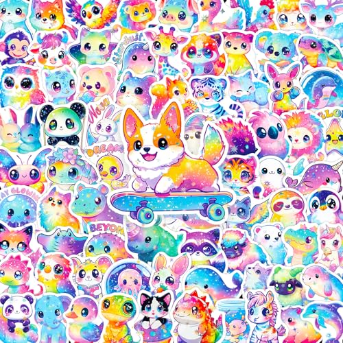 Yqskt 200PCS Rainbow Animal Stickers Cute Starry Sky Animal Stickers for Kids Teens Kawaii Holographic Vinyl Stickers for Laptop Water Bottle Phone Classroom Rewards