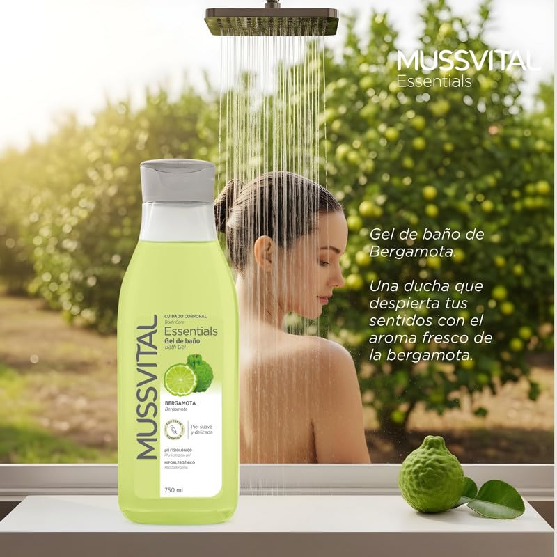 MUSSVITAL Essentials Bergamot Bath Gel 750 ml, pH 5.5 Physiological, with Panthenol, Gentle Washing Base, Daily Skin Cleaning, Body Hygiene — view 6