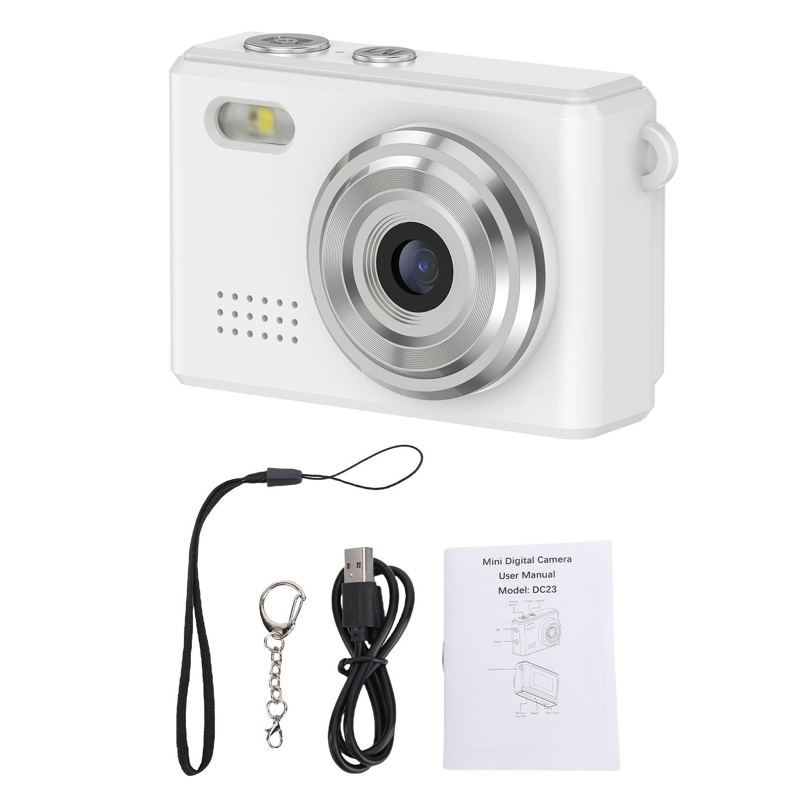 Fotocamera Portachiavi Mini, Micro Fotocamera Compatta HD 1080p con Visualizzazione LED, 6 Filtri e Luce per Registrazione, Videocamera Portatile per Studio (Bianco)