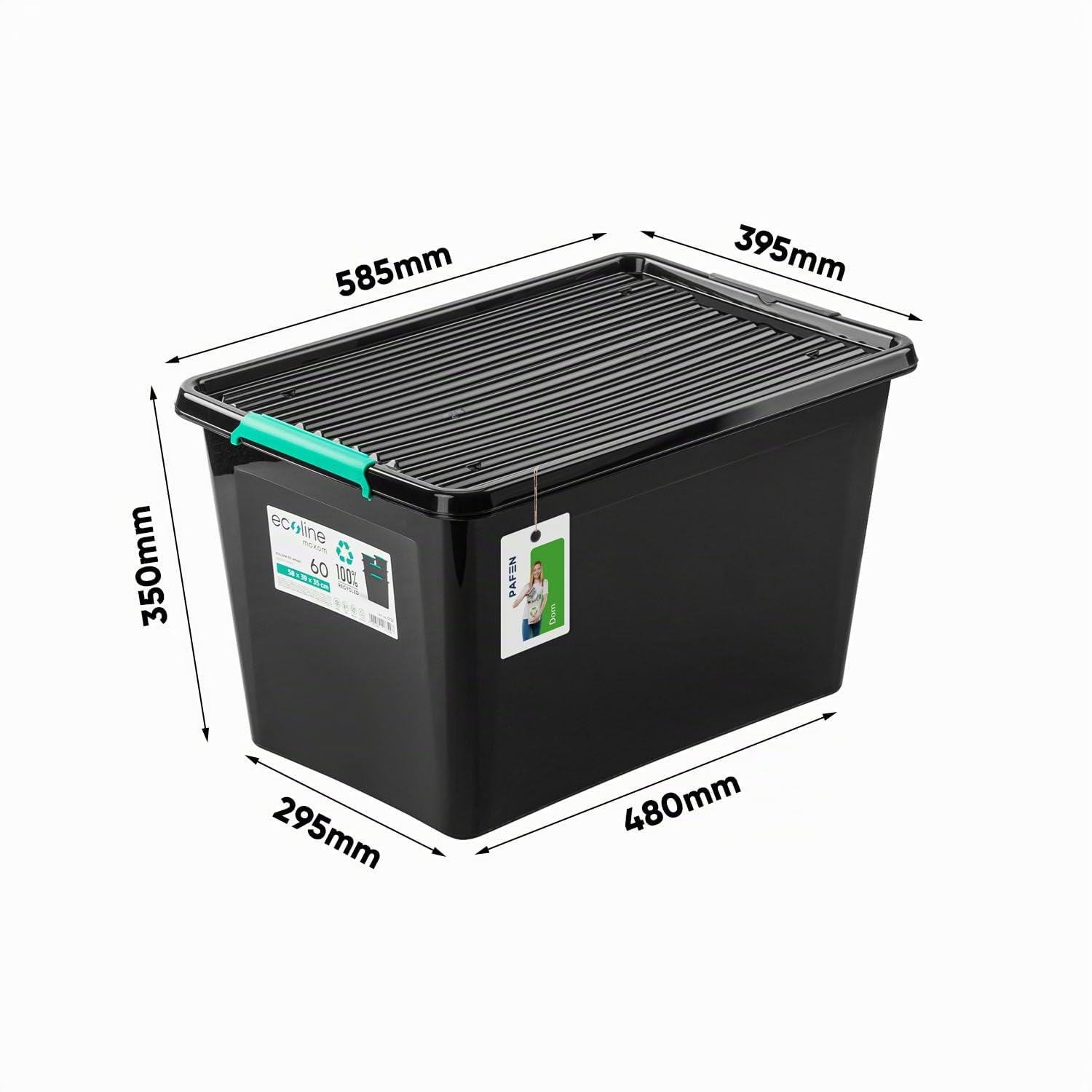 PAFEN 3x Aufbewahrungsbox auf Rädern Öko-Linie 60L - 58,5 39,5 x 35 cm - Boxen Aufbewahrung Stapelboxen mit Verschlussclips Kunststoffbehälter Kleiderboxen Organizer | Schwarz