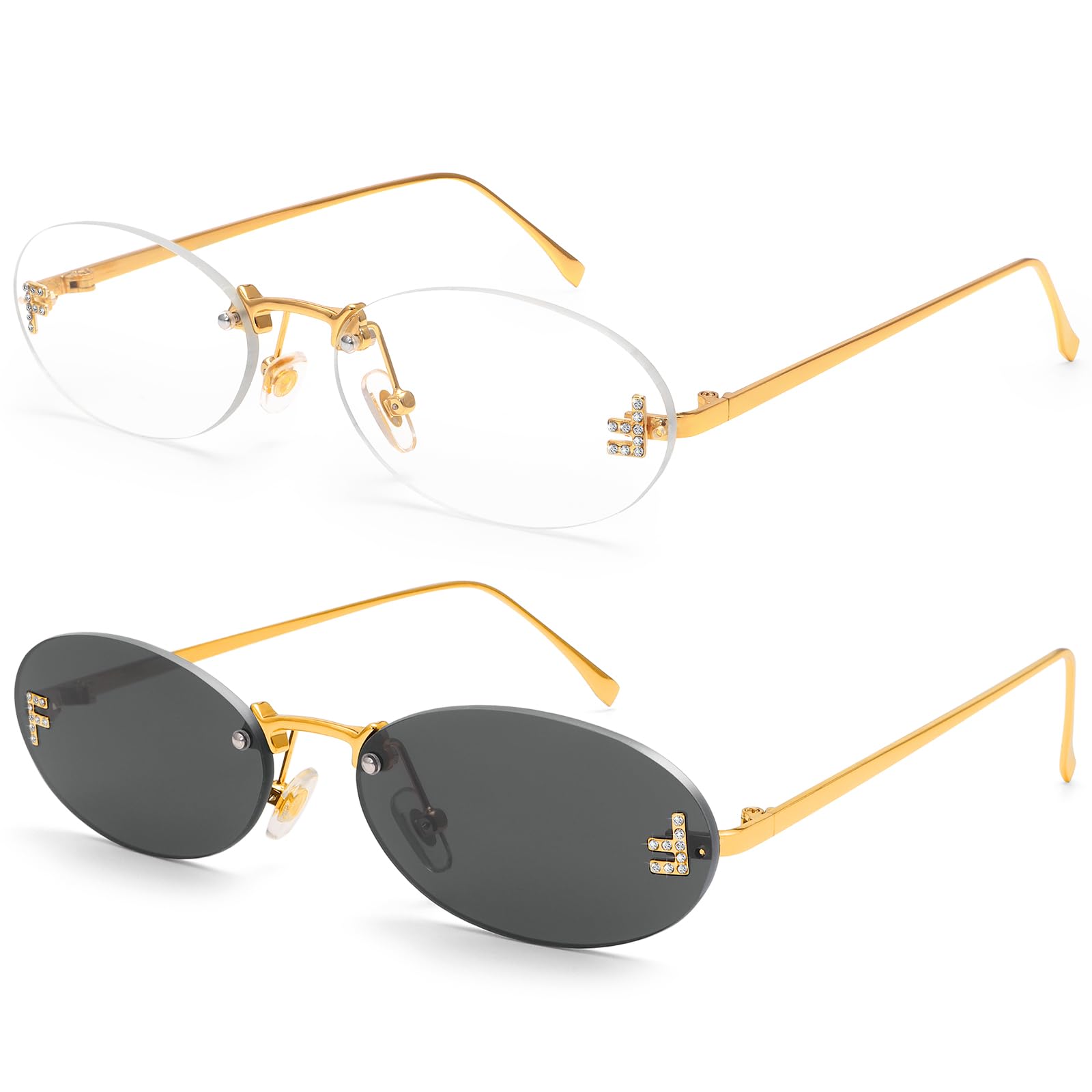 Photo 1 of Dollger Trendy Rimless Oval Sunglasses Women Men Retro Y2K Small Diamond Frame 90s Metal Designer Fashion Glasses Black Clear Pack Shades