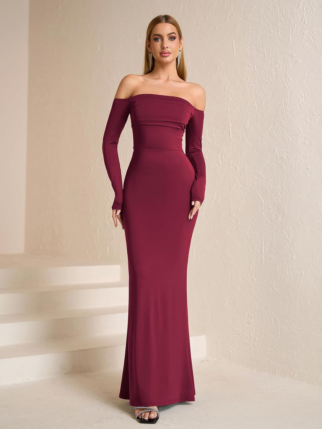 KUTUMAI Off Shoulder Tie Formal Wedding Guest Dresses for Women Fall Long Sleeve Bodycon Lace Up Maxi Dress - Image 2