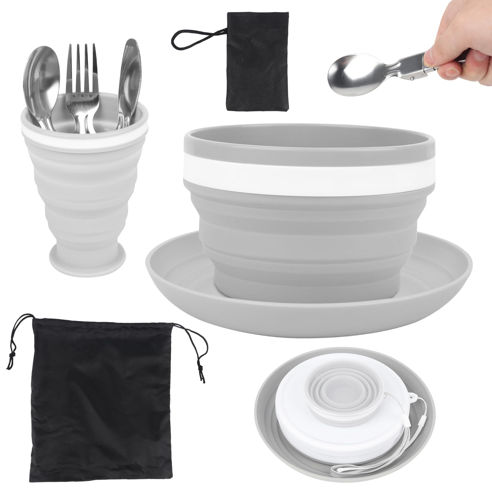 Jonuin Camping Plate Bowl Cup Cutlery Set for 1, 7 Pcs Camping Mess Kit Include Knife, Spoon, Fork, Cup, Bowl & Plate, Folding Camping Plates and Bowls Set, Crockery Sets for Travel Hiking Picnic