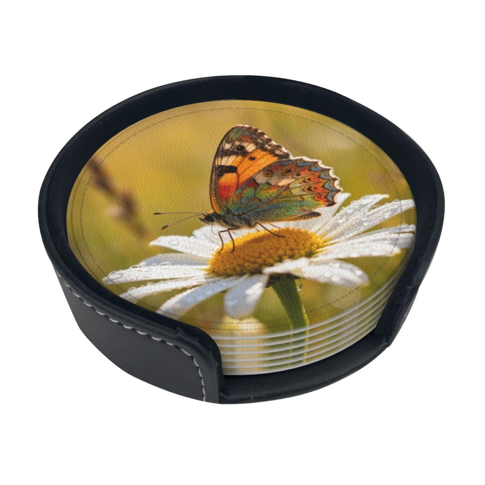 Cntdbu White Chrysanthemums And Butterflies Leather Coasters Set Of 6-Pu Leather Drink Mats For Table, Heat Resistant Round Coasters With Holder