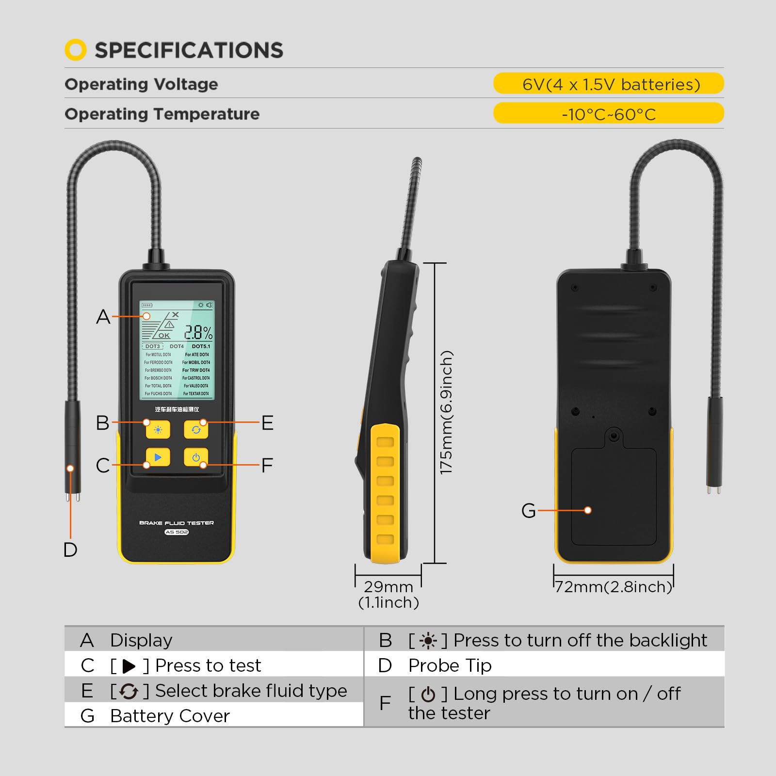 Strumento di Prova diagnostico del Freno dell'automobile degli Strumenti del Sistema frenante AS502 del Tester Liquido del Freno per DOT-3, DOT-4, DOT-5.1