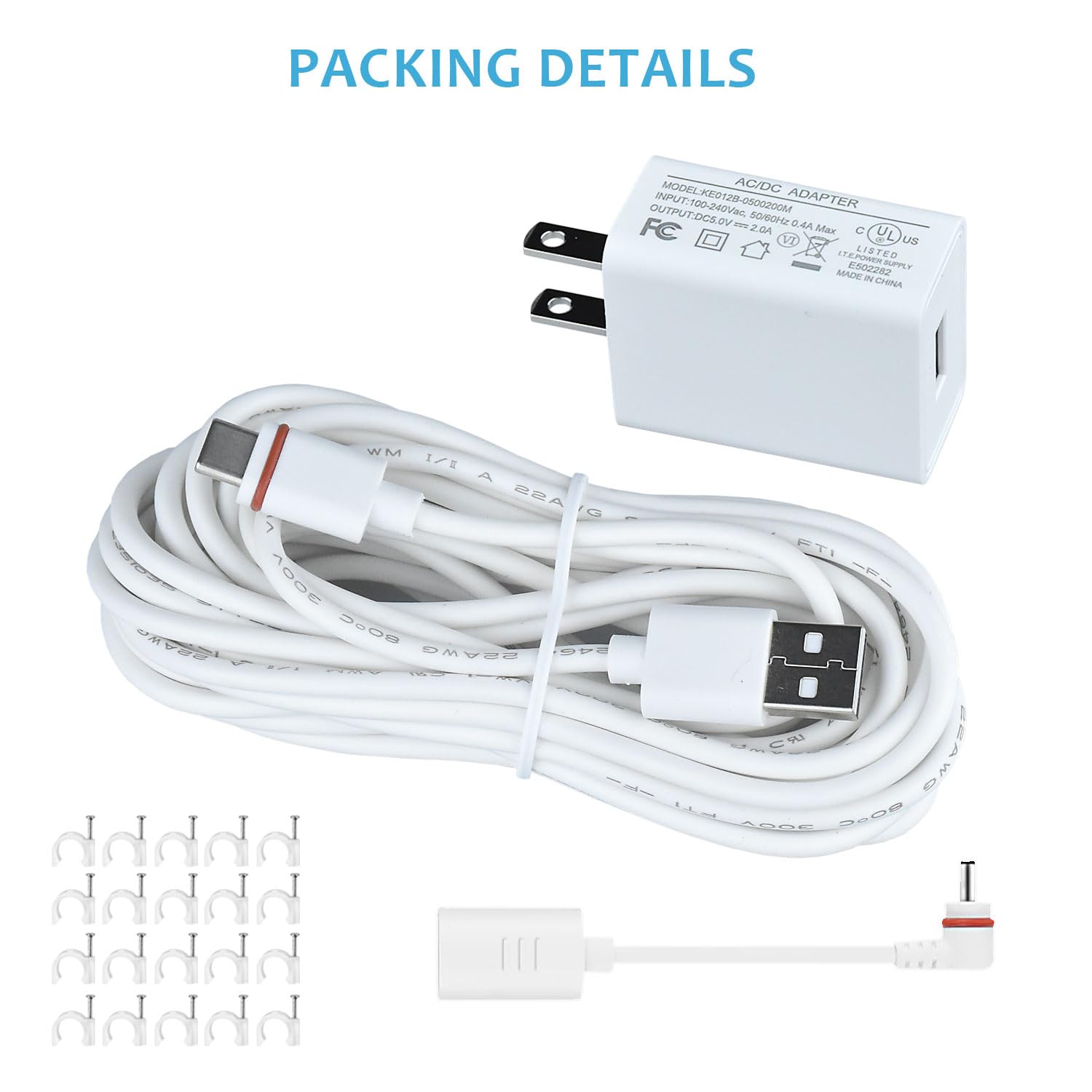 10Ft USB-C Power Cord with Adapter Compatible with Ring Pan-Tilt Mount/Stick Up Cam Battery Pro/3rd Gen/2nd Gen/Plug-in, Spotlight Cam Battery Plus,White