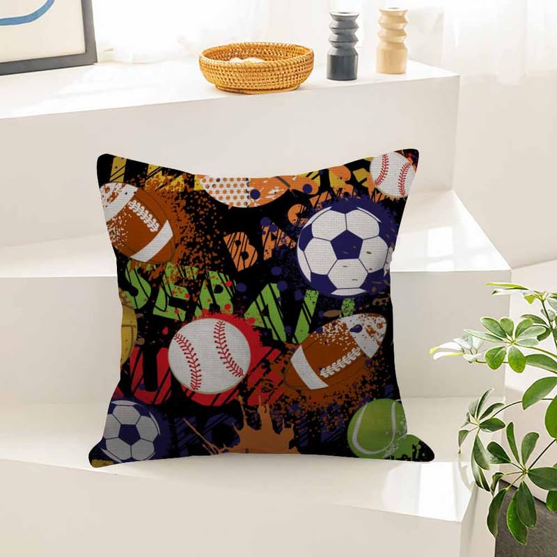 Image of Throw Pillow Covers Sport Pattern with Balls Grunge Design Black Game Pillow Case 18x18 Inch Cushion Cover for Home Party