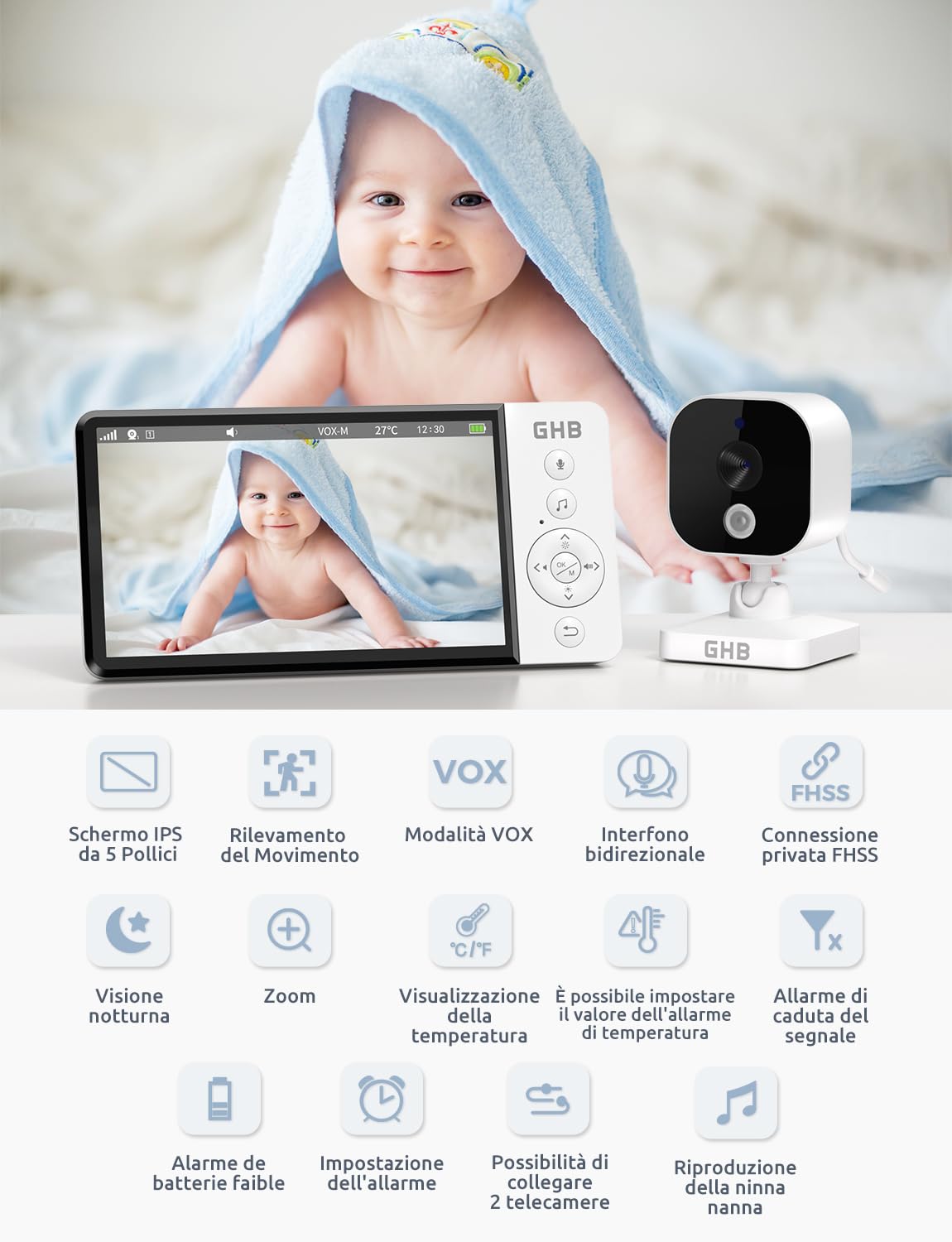 GHB Baby Monitor Video e Audio 5", Schermo IPS 168 Ore di Autonomia | Telecamera Bambini con Monitor, Visione Notturna, Rilevamento della Temperatura, Audio Bidirezionale, Ninnananna