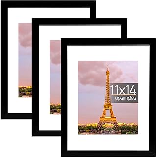 upsimples 11x14 Picture Frame Set of 3, Made of High Definition Glass for 8x10 with Mat or 11x14 Without Mat, Wall Mounting, Black