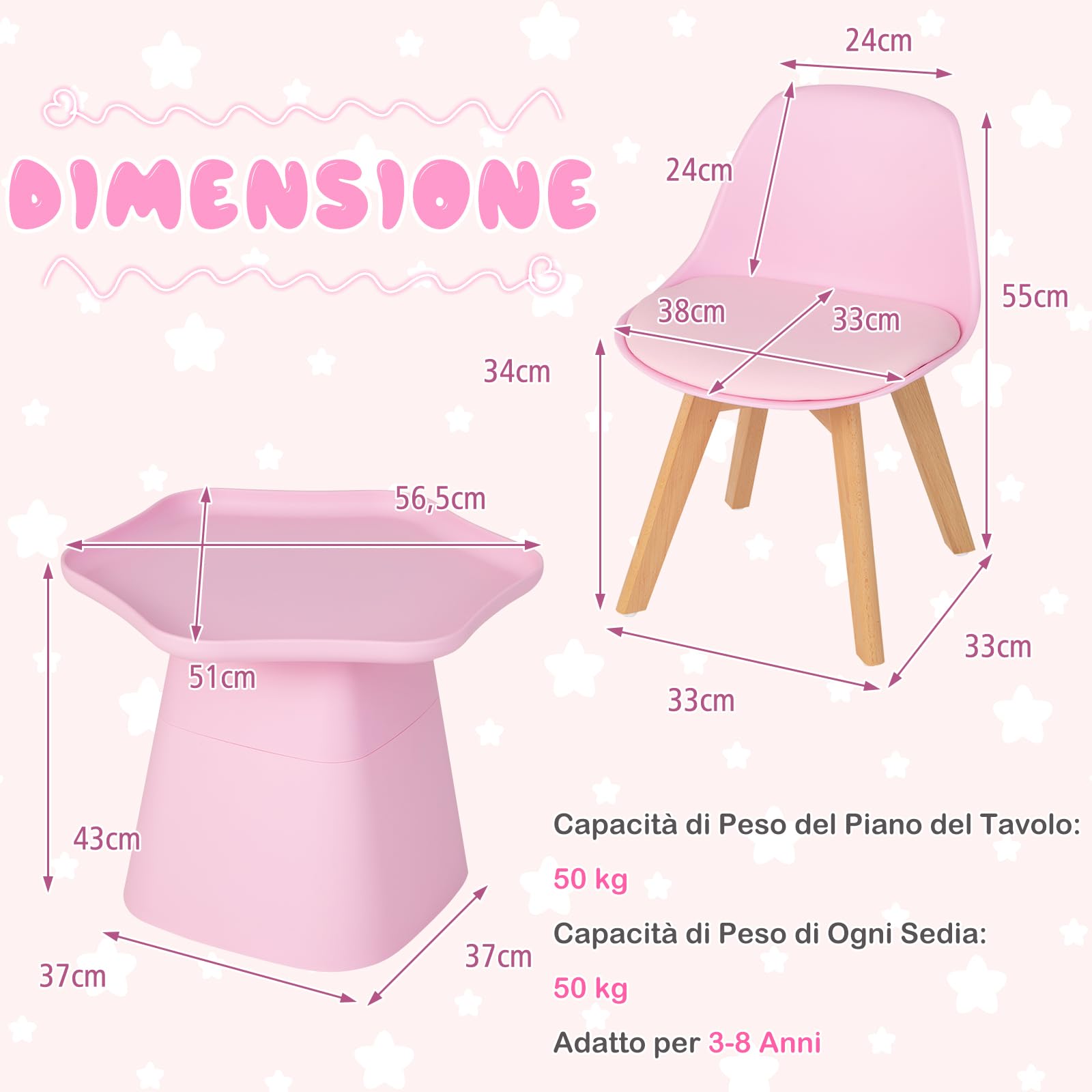 RELAX4LIFE Set Tavolo e Sedie Bambini 3 Pezzi Tavolino 2 Sedie Gambe Legno Faggio Seduta Similpelle 2 cm