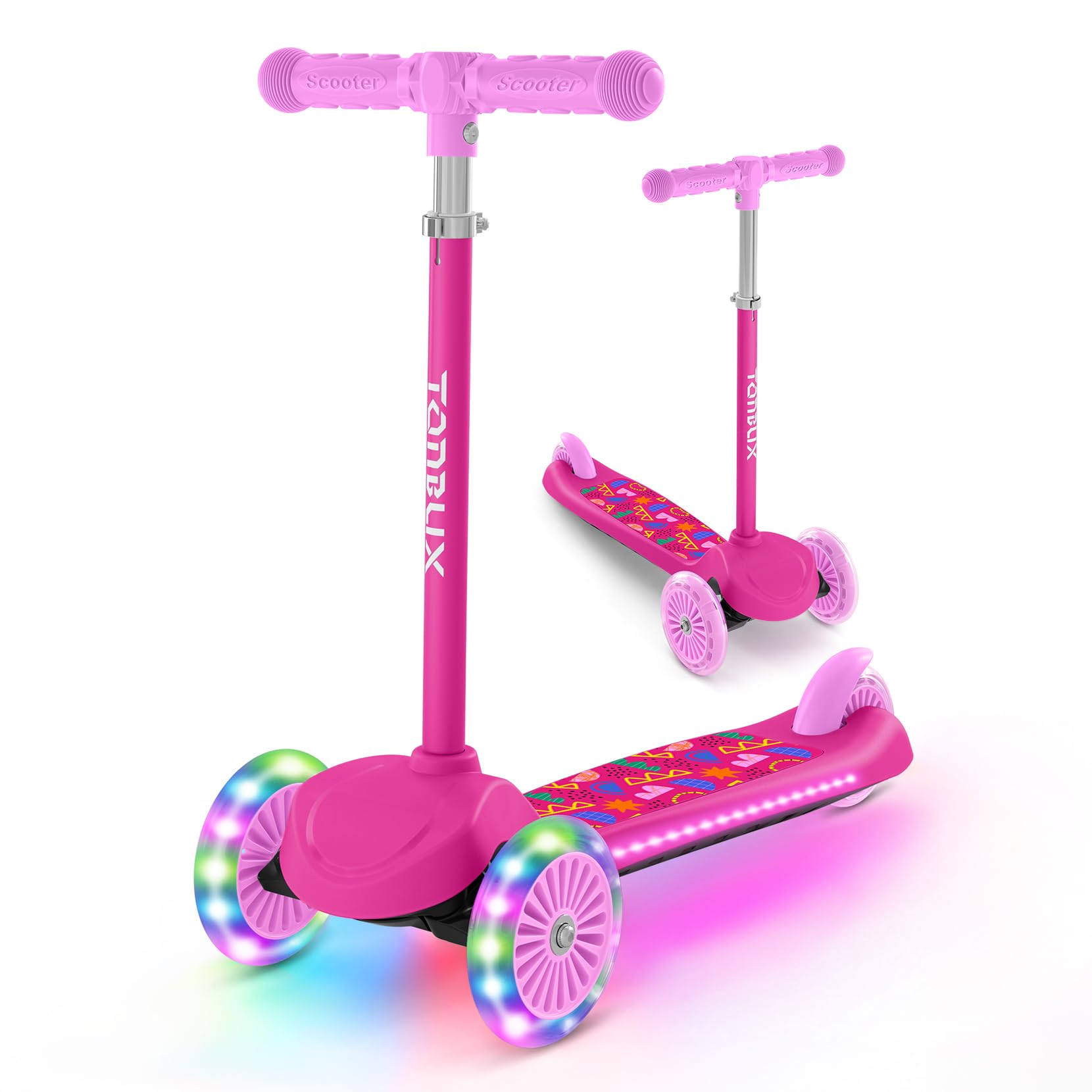 TONBUX Kids Scooter for Ages 3-8, Toddler Scooter with Light-Up Wheels, Adjustable 4-Level Height 3-Wheel Scooters for Kids, Lean-to-Steer Design