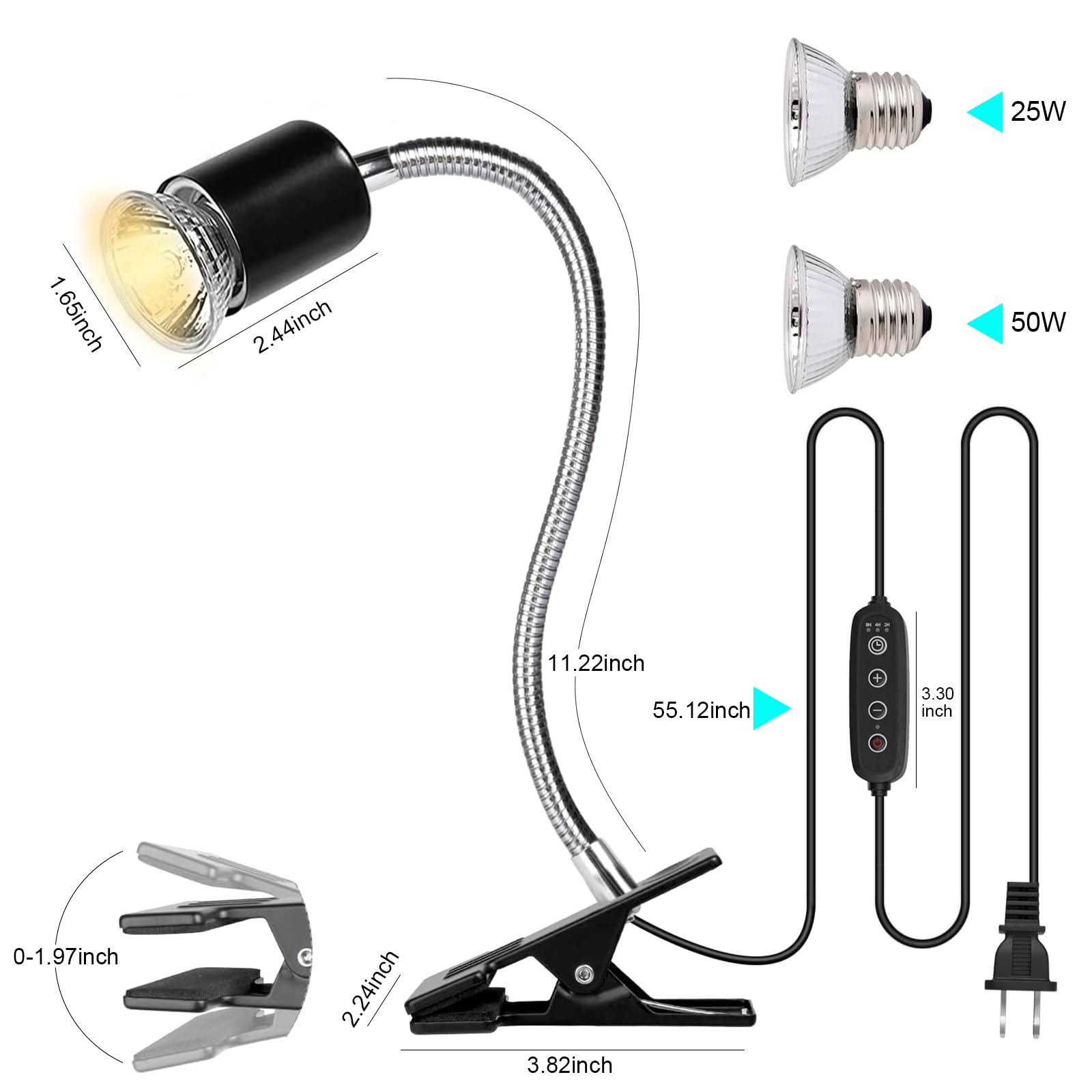 Reptile Heat Lamp Turtle Light - Long Lasting Ceramic Socket Basking Lamp with Auto Timer & Dimmer, 2 E27 Bulbs (25W & 50W) with UVB Support & Test Card for Turtles, Tortoises, Bearded Dragons, Geckos - image 5