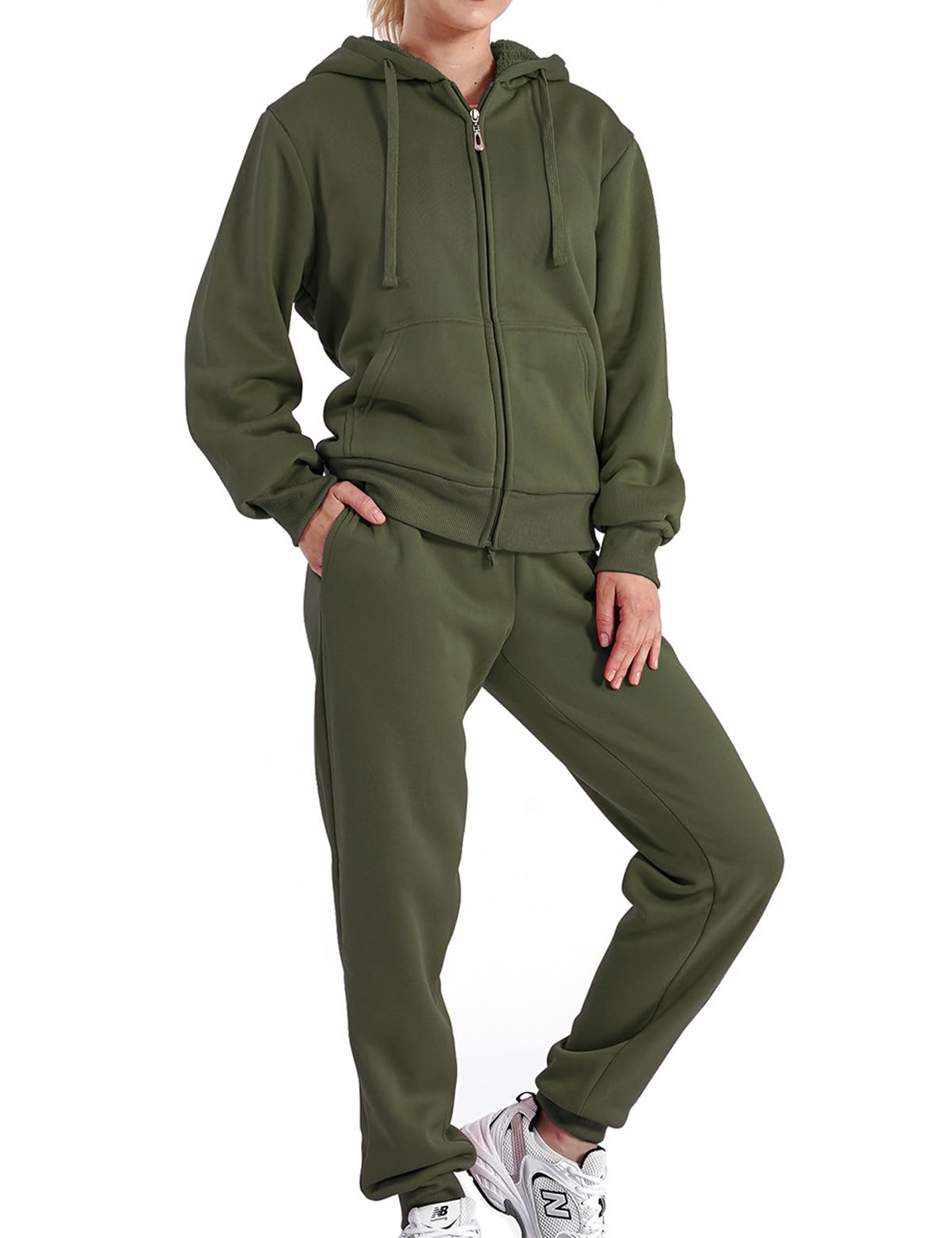 Yasumond Womens Two Piece Tracksuit Sherpa Lined Sweatsuit Lounge Hoodie Sweatshirt and Sweatpants Jogger Outfits Set