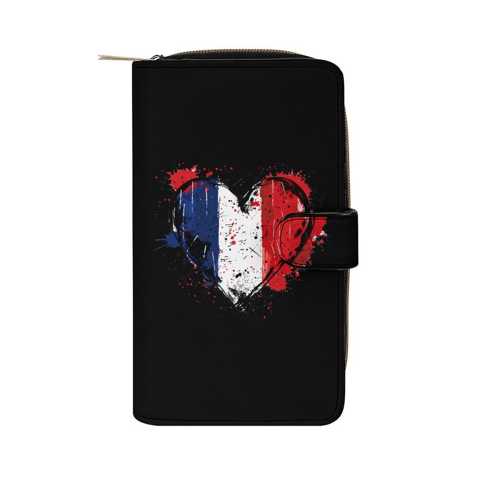 France Heart Vintage Flag Leather Long Pouch Wallet for Men And Women Large Capacity Clutch Cash Wallet with Zippered