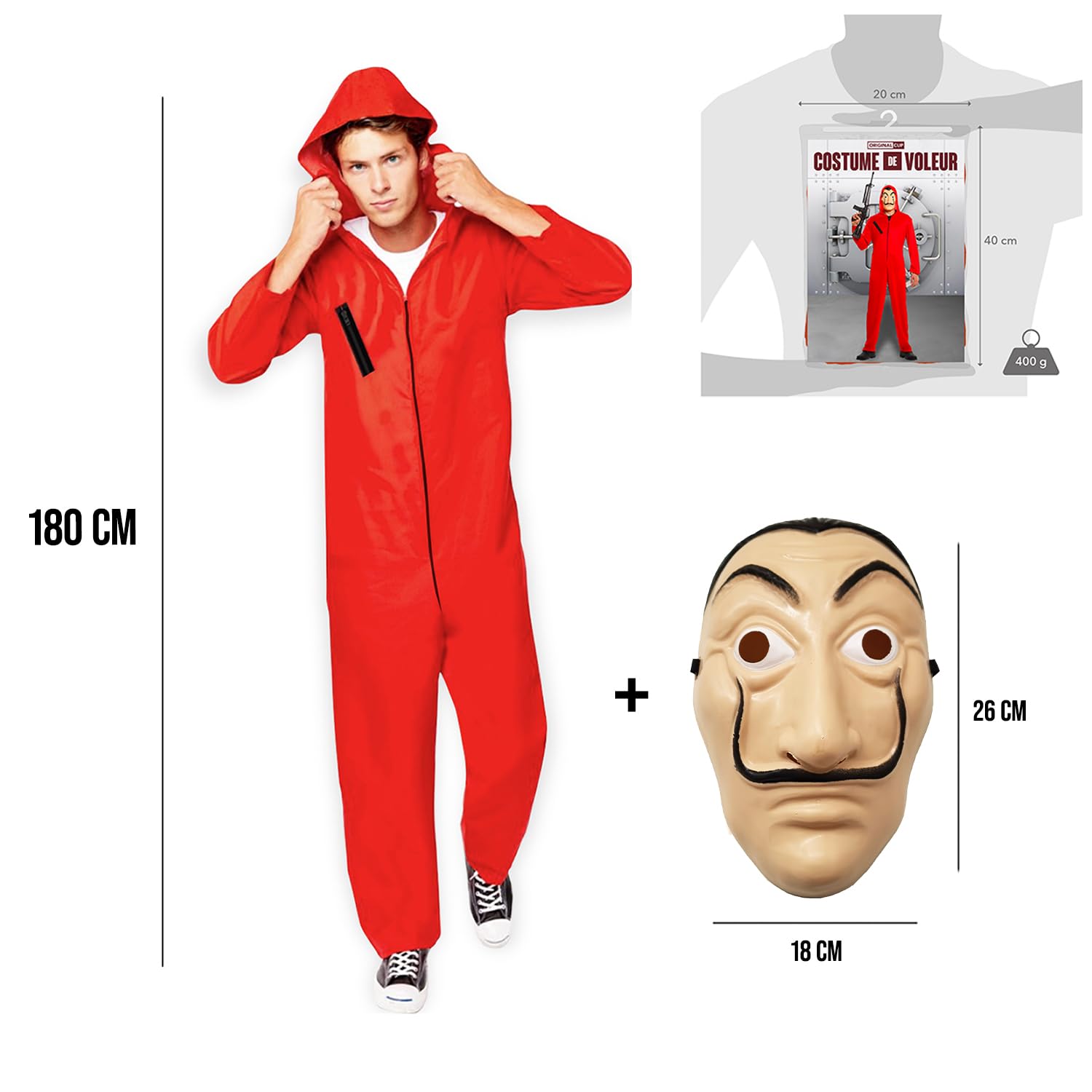 Disfraz Completo de Ladrón de Dinero | Kit Completo de Disfraces | Traje Rojo con Capucha para Adulto (170-180cm) + Máscara Oficial de Dalí | Fiesta | Ladrón | OriginalCup®