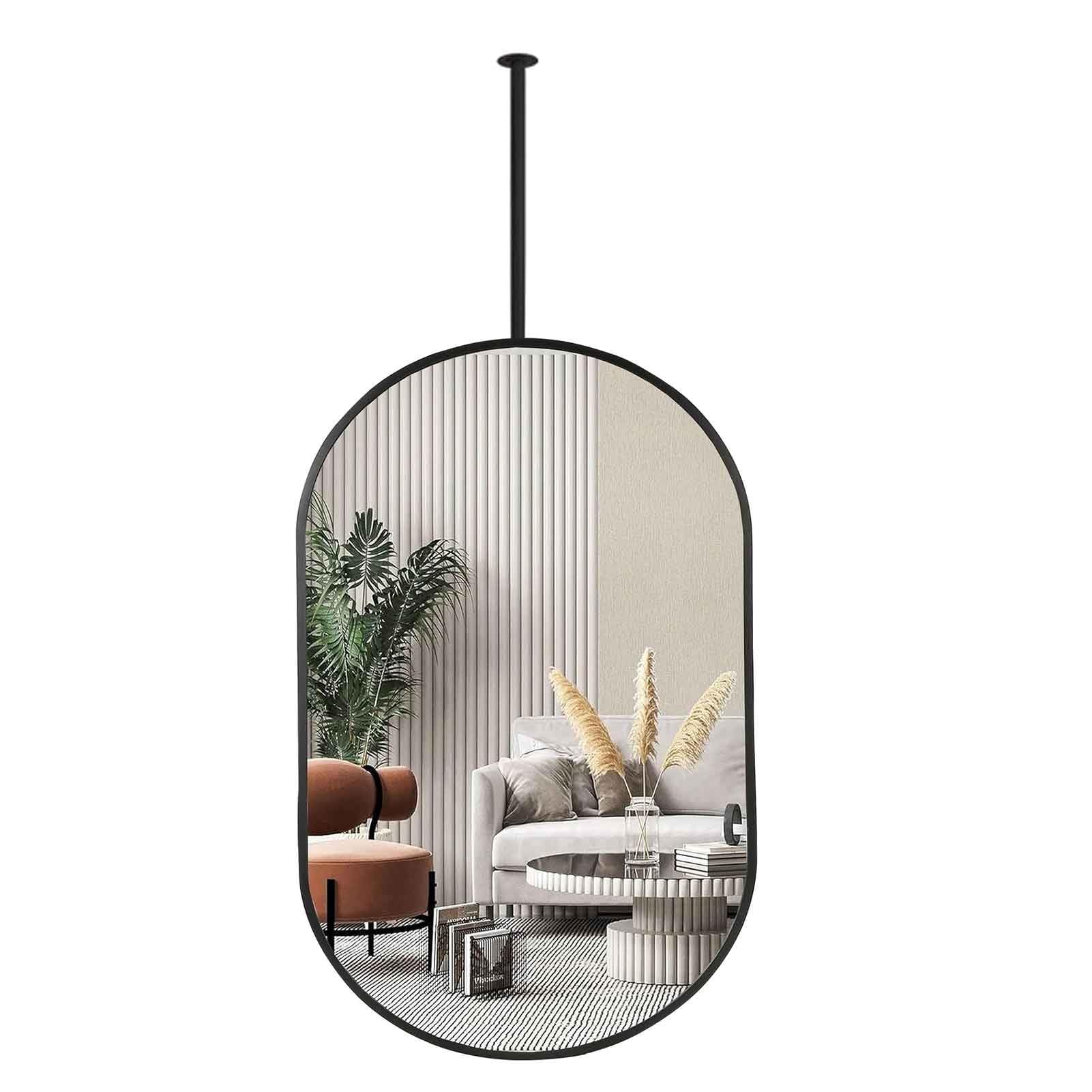 BKSXSOP Black Oval Ceiling Mirror with Pole Suspension, Metal Framed Decor Hanging Mirrors, Home or Hotel Bathroom Vanity - Rod Customizable(50cmx100cm)