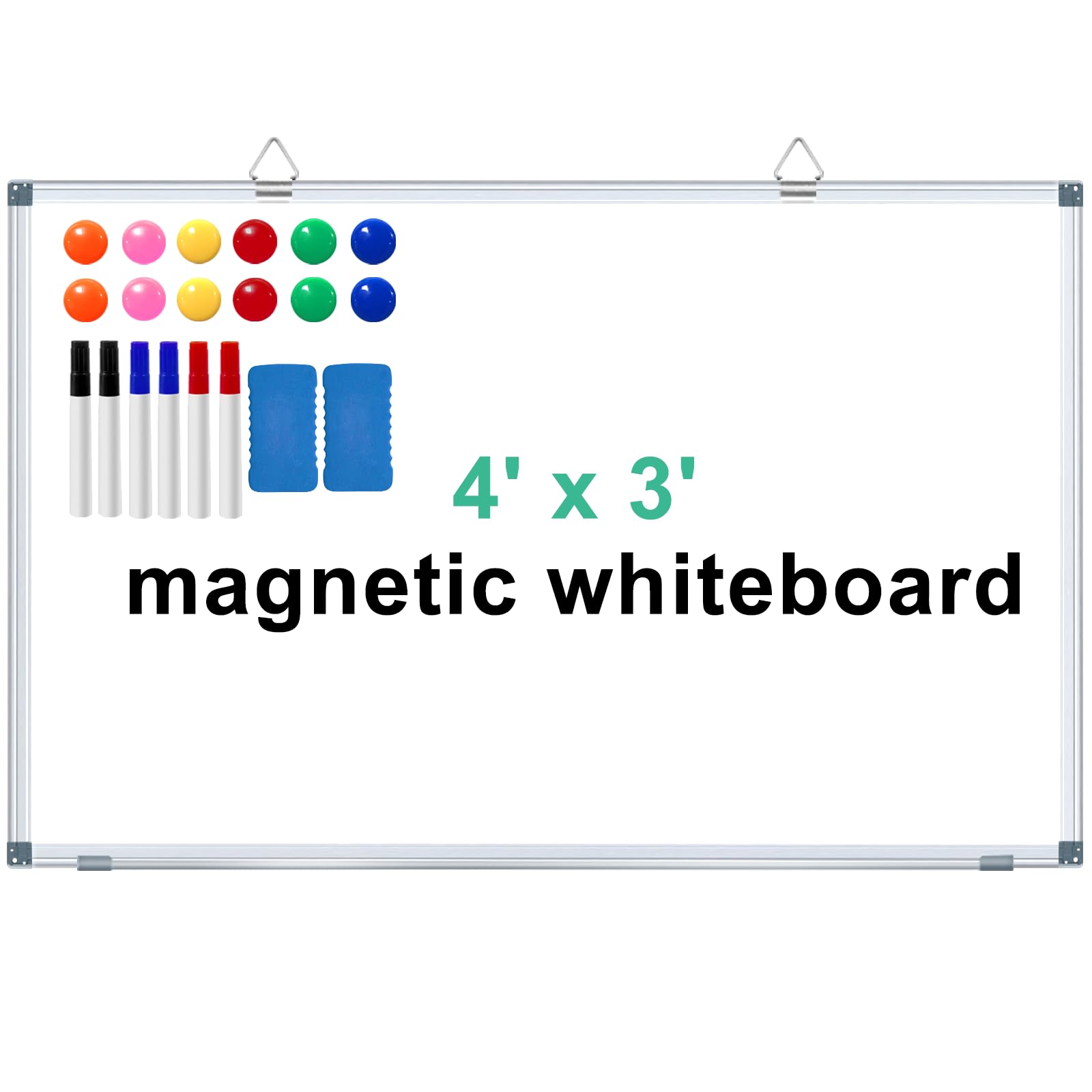 Large Dry Erase White Board 4' x 3' Magnetic Whiteboard 48"x36" Aluminum Presentation Whiteboard with Long Pen Tray, 6 Markers, 2 Erasers &12 Magnets