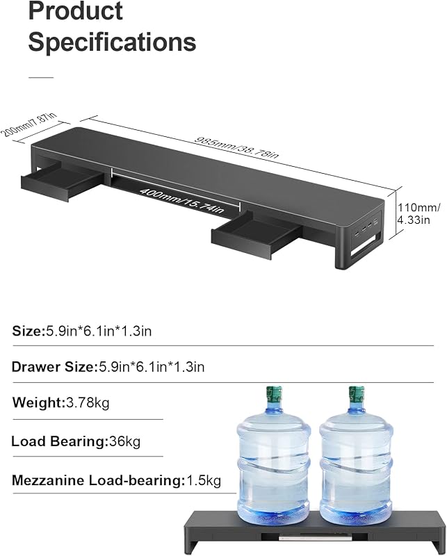 Meatanty Dupla Monitortartó Állvány 2 Fiókkal és 4 USB Porttal - Fém Asztali Rendszerező PC és iMac Képernyőkhöz (38,5") - 27"-ig