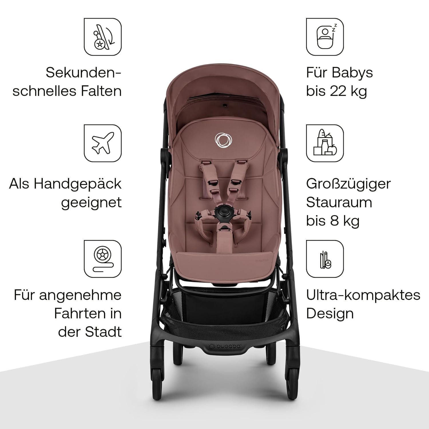 Bugaboo Butterfly 2 Reisebuggy Set – leichter, faltbarer Kinderwagen mit Sicherheitsbügel & Regenabdeckung – Handgepäckgröße, Liegefunktion – ab 6 Monaten bis 4 Jahre – Dusty Pink