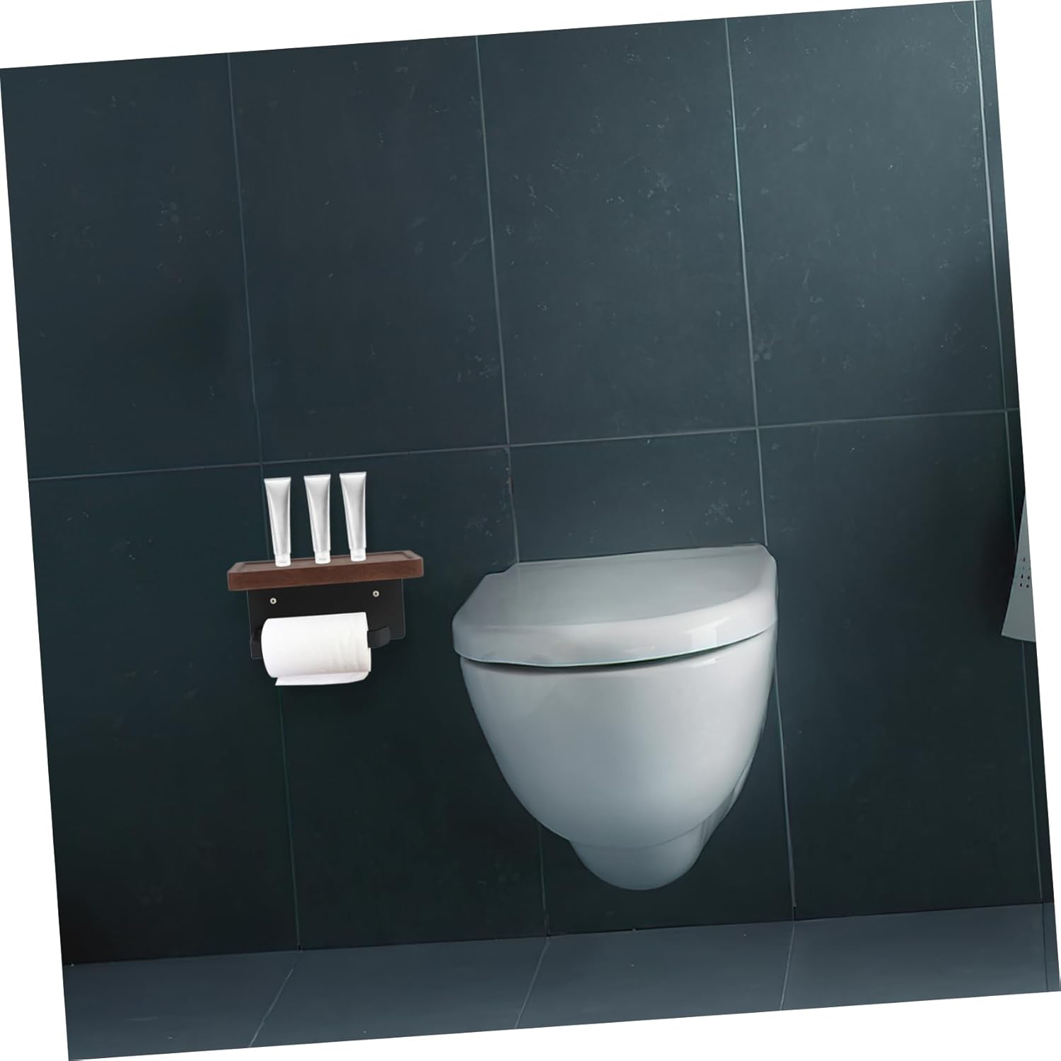 Wall-Mounted Toilet Paper Holder with Shelf Modern Black Walnut Wood Tissue Roll Rack for Bathroom Storage Effortless Installation and Stylish Design