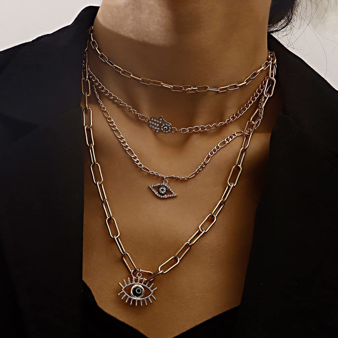 Plated Evil Eye & Buddha Hand Necklace
