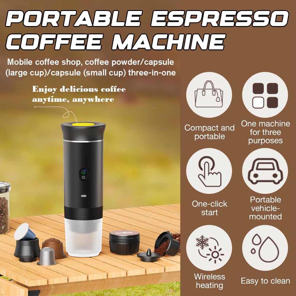 Cafetera Portatil 3 en 1, Cafetera Portatil Capsulas con Display de Temperatura, Batería Recargable USB-C 7500mAh, Máquina de Café Portátil para Cápsulas Pequeñas, Grandes y Café Molido