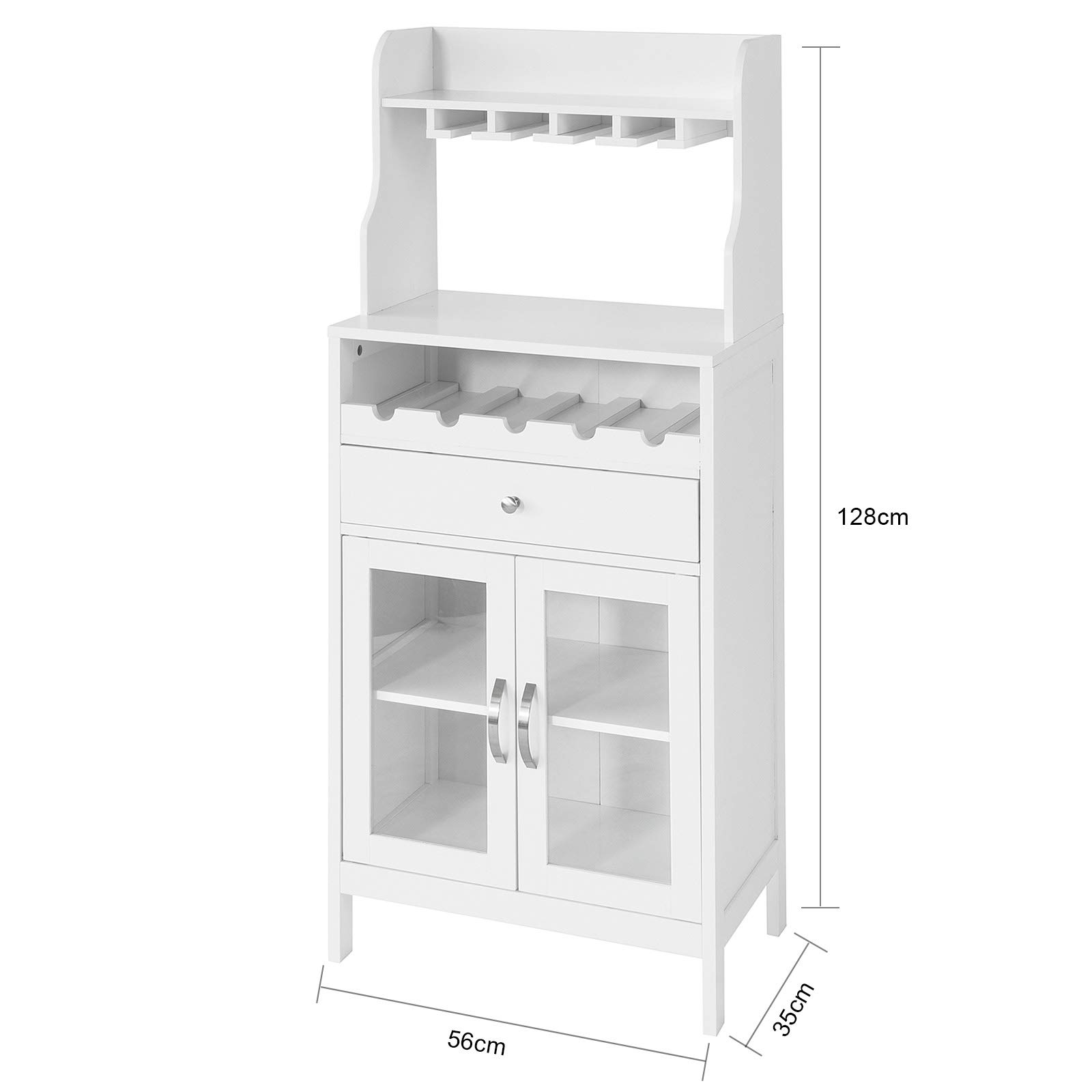 SoBuy Cantinetta portabottiglie di vino Credenza bianca con portabottiglie, portabicchieri e armadietto L56*P35*A128 cm, FSB24-W