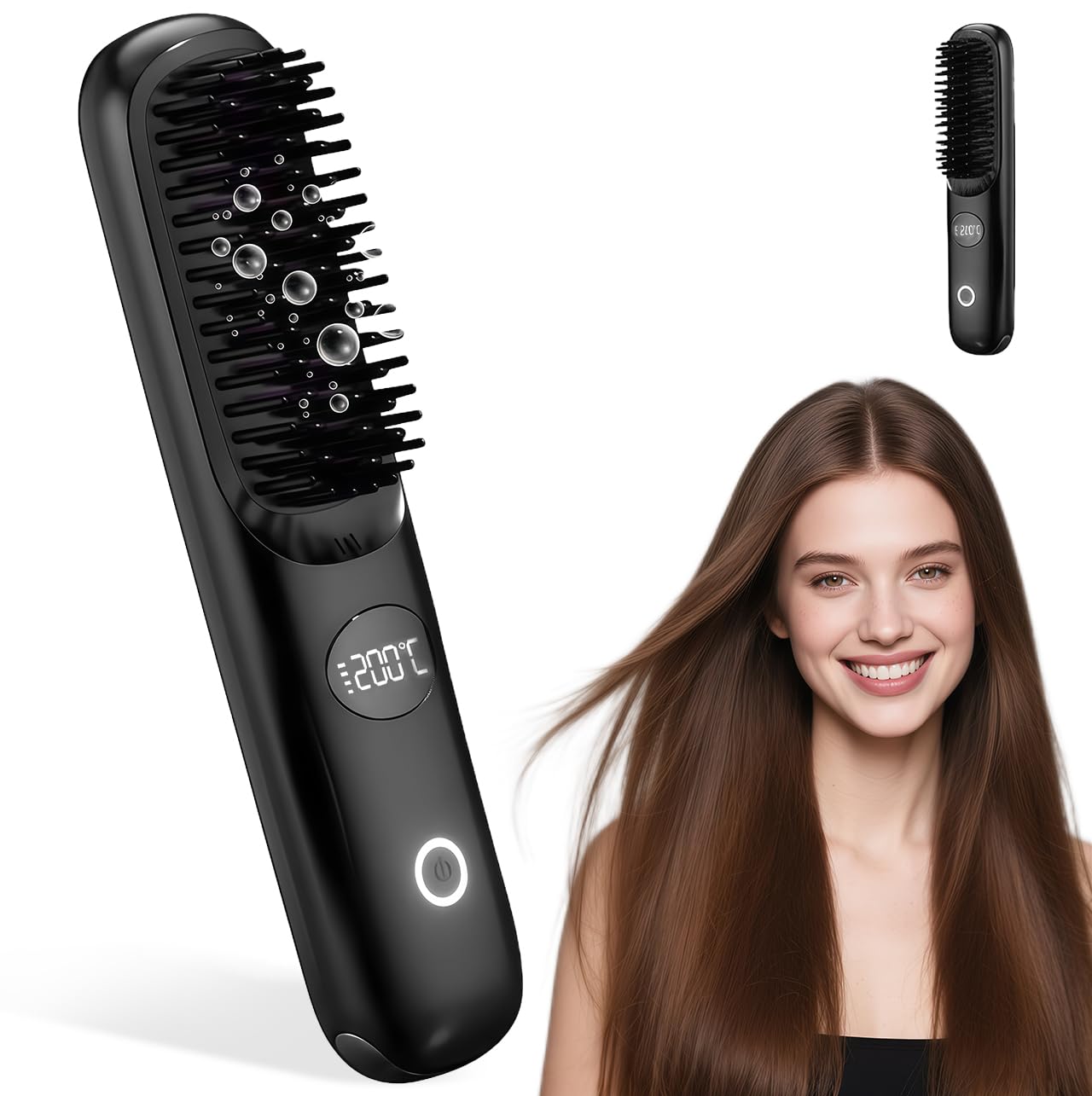 Brosse Lissante Sans Fil, Brosse Chauffante Lissante Portable 200 Millions D'ions Négatifs Anti-BrûLure avec 3 Températures Réglables, Mini Lisseur Rechargeable pour Maison, Voyage