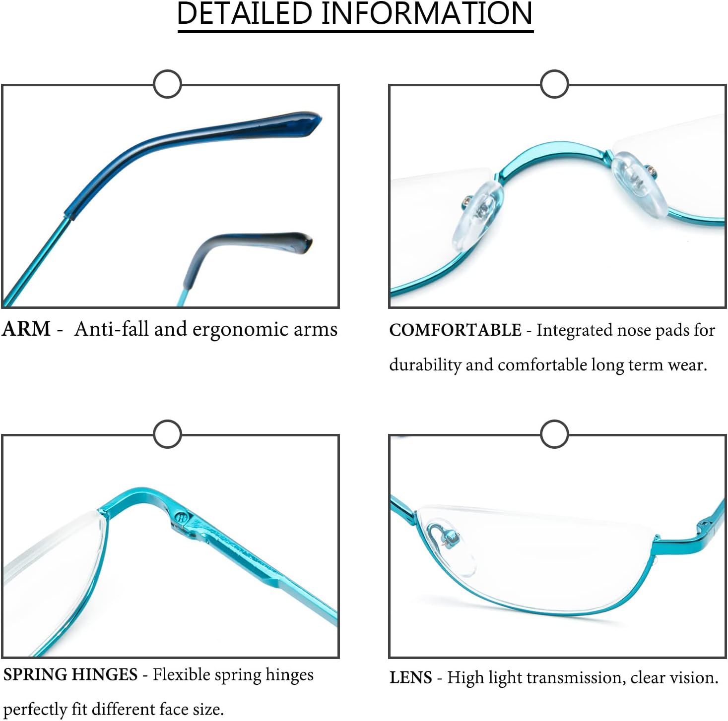 DXYXYO Half Moon Reading Glasses for Women Men Small Semi Frame Metal Spring Hinge Readers - Image 4
