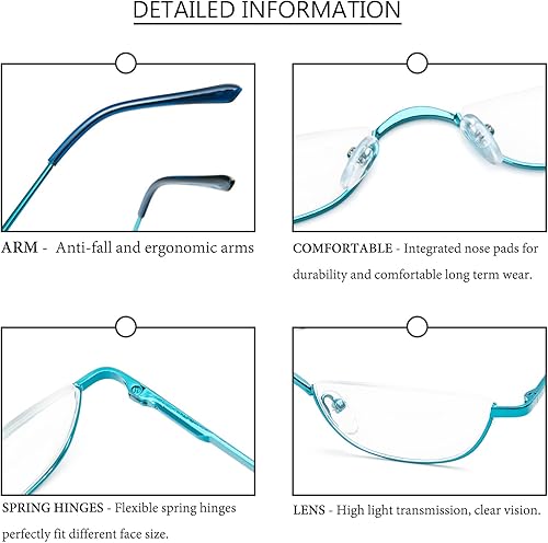 Miniatura 6 de KoKoBin Lentes de lectura de media lectura, paquete de 2 lentes con marco de metal de medio borde, lectores de bisagra de resorte con bolsa de cuero