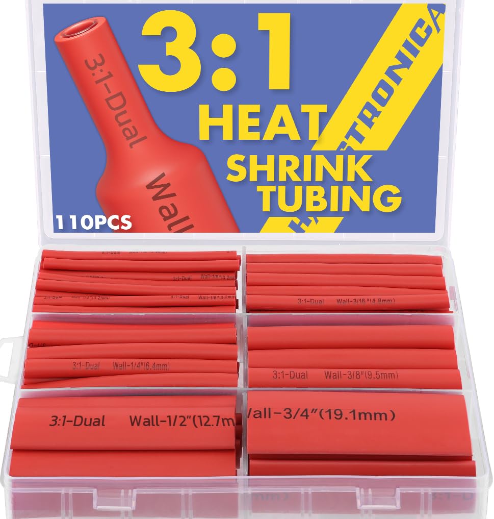 haisstronica 110pcs 3:1 Heat Shrink Tube with Rich Hot Melt Adhesive -Marine Grade Heat Shrink Tubing 3.5" Length Perfect for Electrical Wiring and Insulation-6 Common Sizes 1/8"-3/4" (Red)