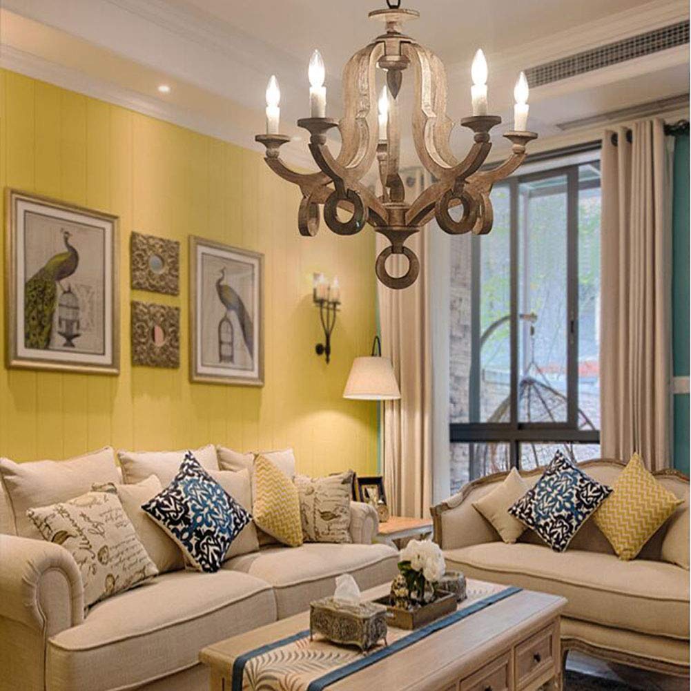 Für Woh,E14 Elegante Shabby Chic Holz Während Lighting Bauernhaus Deckenleuchten Kreative Schnitzerei Holzschnitzerei Kronleuchter,Rustikalen Vintage Einstellbar Kerze Kronleuchter-Retro,Um altes weiß