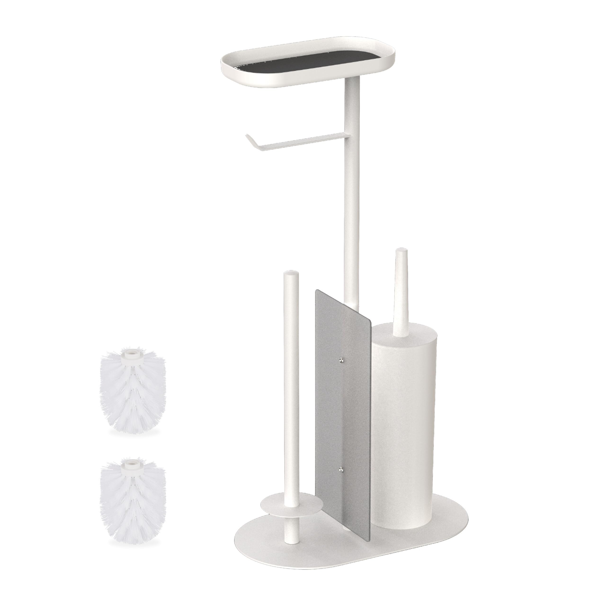 Relaxdays toilet set, HxWxD: 65 x 26 x 17 cm, freestanding toilet roll holder with brush and spare roll, shelf, white