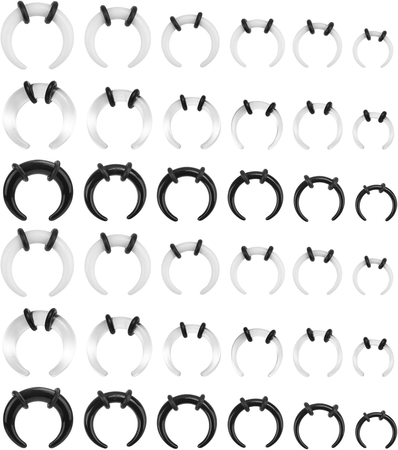 Mikovivi 36pcs Acrylic Septum Ring, C-Shape Septum Pincher Tapers for Nose Ear Size 4G 6G 8G 10G 12G 14G(Black, White, Transparent)